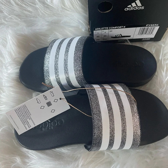 NWT Adidas slides girls size 1 black and silver sparkle - Picture 2 of 4